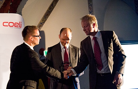 Peter Hellner congratulating Ola Wessel Aas and Andreas Petteröe for Taiga Funds third place at the 2012 Nordic Hedge Award (Best Nordic Equity Focused Hedge Fund)