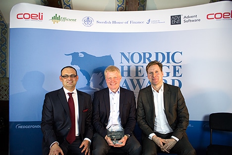 Kamran Ghalitschi (HedgeNordic) with Henrik Rhenman and Carl Grevelius winning "Best Nordic Equity Hedgefund 2012" 
