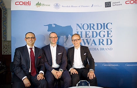 Nektar: Best Nordic Multi Strategy hedge fund 2012, represented by Mikael Spångberg and Gunnar Wiljander with Kamran Ghalitschi (HedgeFonder.nu)
